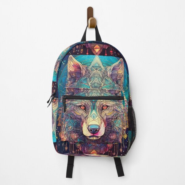 Item preview, Wolf in geometric patterns in multicolour jewels black background  designed and sold by navitalidesign.