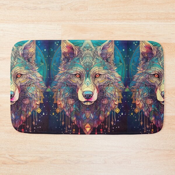 Item preview, Wolf in geometric patterns in multicolour jewels black background  designed and sold by navitalidesign.
