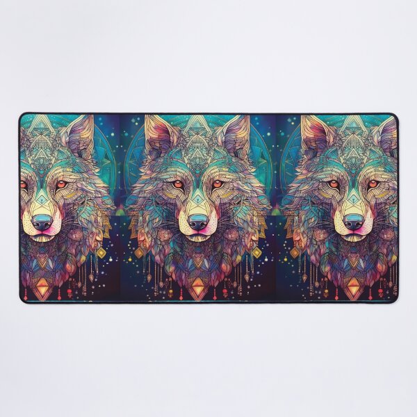 Item preview, Wolf in geometric patterns in multicolour jewels black background designed and sold by navitalidesign.
