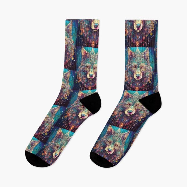 Item preview, Wolf in geometric patterns in multicolour jewels black background  designed and sold by navitalidesign.