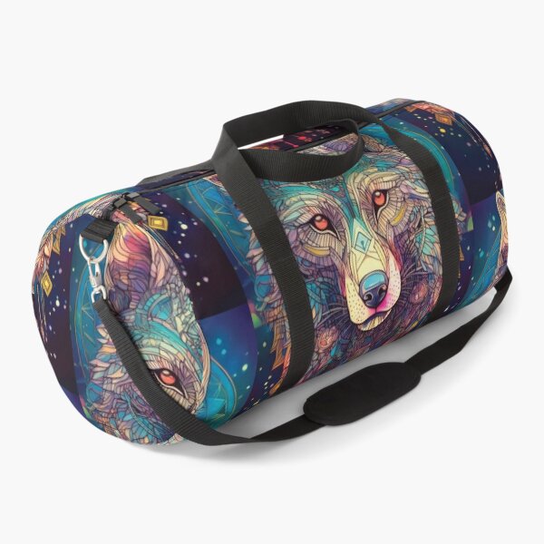 Item preview, Wolf in geometric patterns in multicolour jewels black background designed and sold by navitalidesign.
