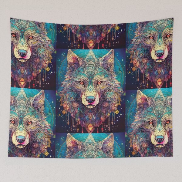 Item preview, Wolf in geometric patterns in multicolour jewels black background  designed and sold by navitalidesign.