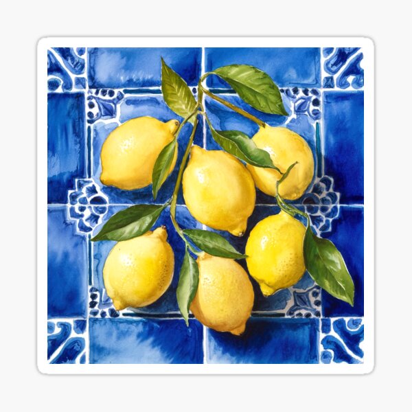 Item preview, Simple Summer,Watercolor Painting lemon fruit pattern on Blue Italian Tiles designed and sold by SOUFIANE1991.