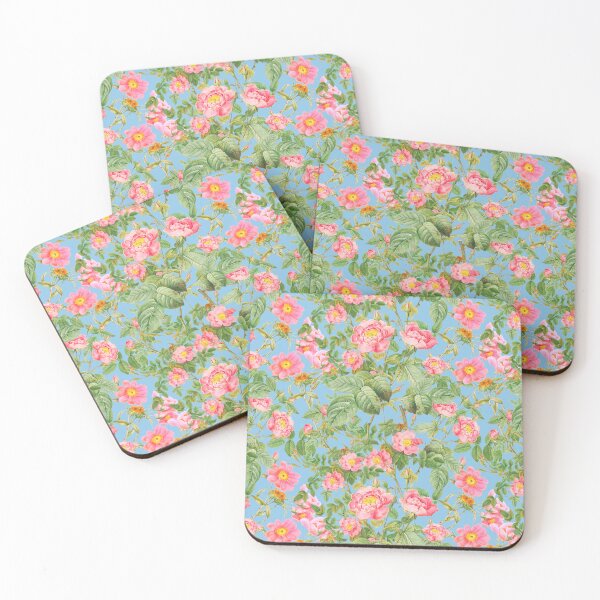 Item preview, Pink watercolor Redoute's roses on tender sky blue background designed and sold by ilustrinna.