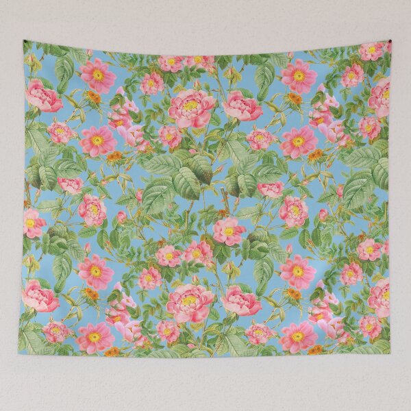 Item preview, Pink watercolor Redoute's roses on tender sky blue background designed and sold by ilustrinna.