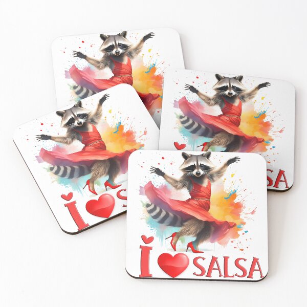 Artikelvorschau, Ich liebe Salsa, Aufschrift, Waschbärtanz, rotes Kleid, rote High Heels entworfen und verkauft von Eamornia.