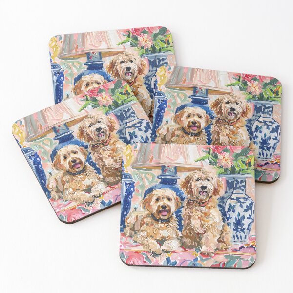 Item preview, Labradoodles in blush pink chinoiserie interior designed and sold by SophieClimaArt.