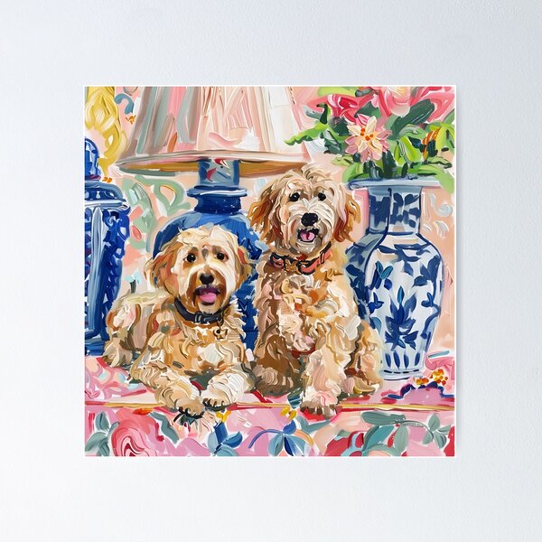 Item preview, Labradoodles in blush pink chinoiserie interior designed and sold by SophieClimaArt.