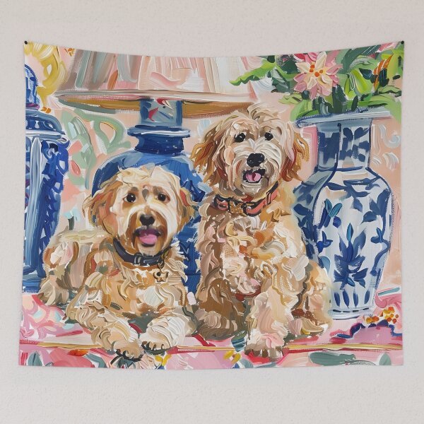Item preview, Labradoodles in blush pink chinoiserie interior designed and sold by SophieClimaArt.