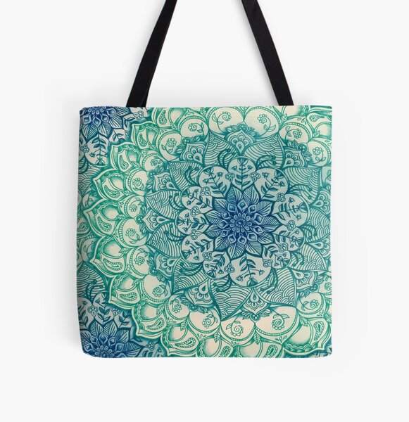 Hand Painted Floral Pattern in Teal & Navy Blue Tote Bag for Sale