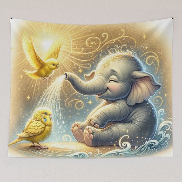 Item preview, Baby Elephant and Budgie enjoying a Bath designed and sold by LegademaArt.