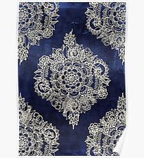 Cream Floral Moroccan Pattern on Deep Indigo Ink Poster