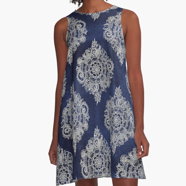 Cream Floral Moroccan Pattern on Deep Indigo Ink A-Line Dress