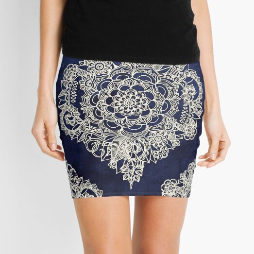 Cream Floral Moroccan Pattern on Deep Indigo Ink Mini Skirt