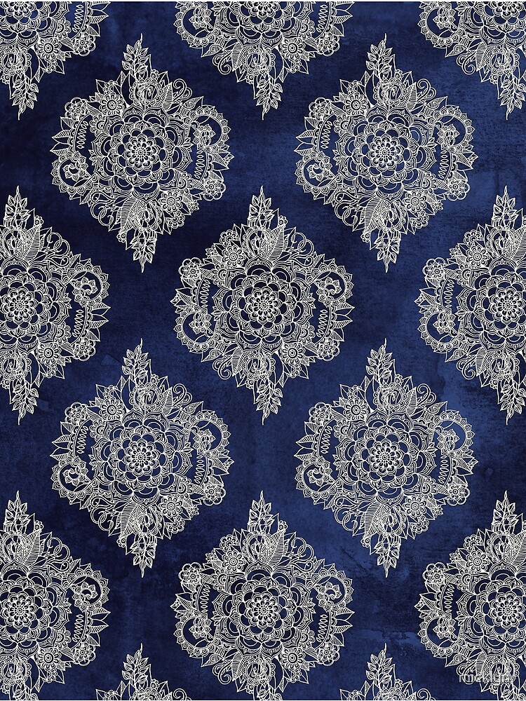 Cream Floral Moroccan Pattern on Deep Indigo Ink by micklyn