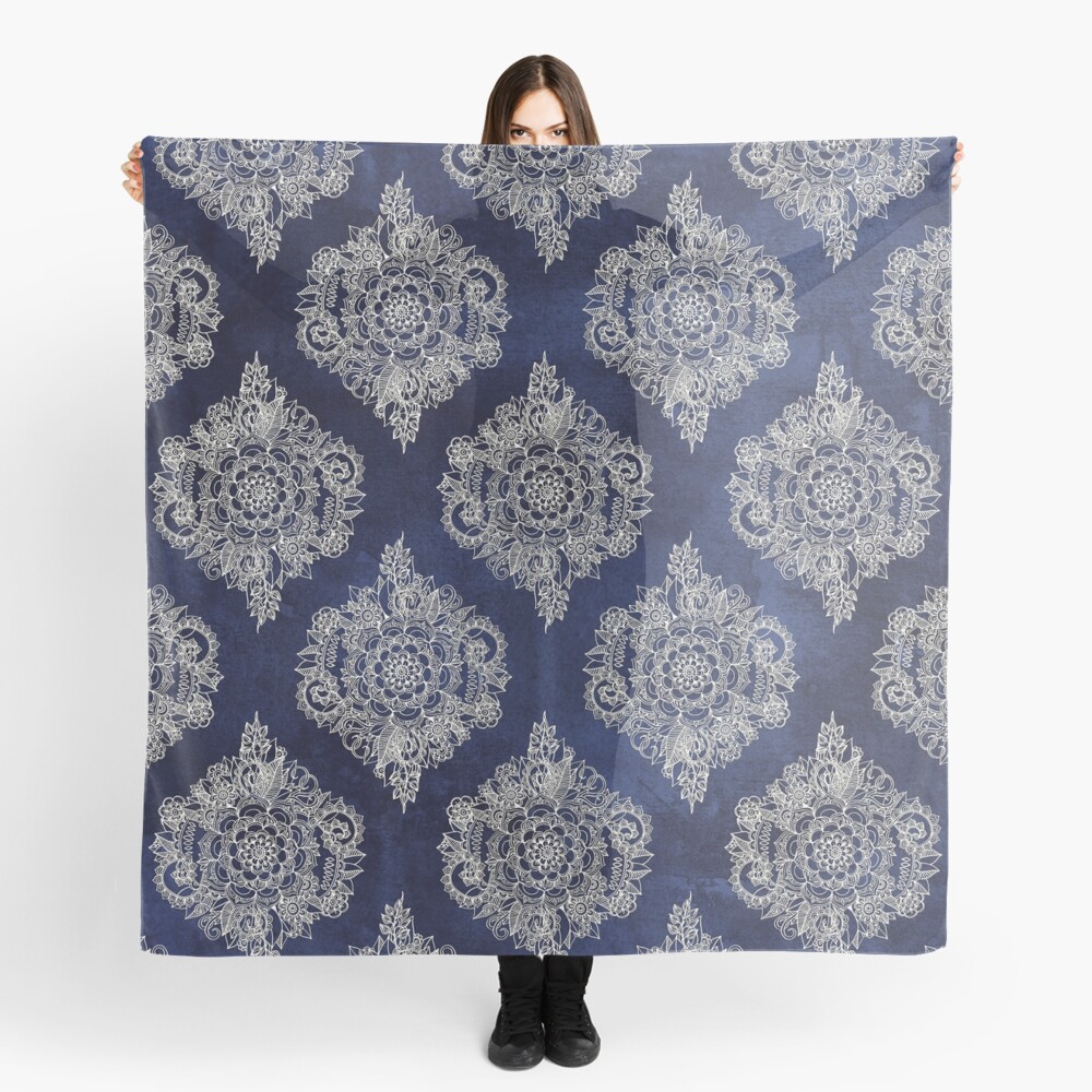 Cream Floral Moroccan Pattern on Deep Indigo Ink Scarf