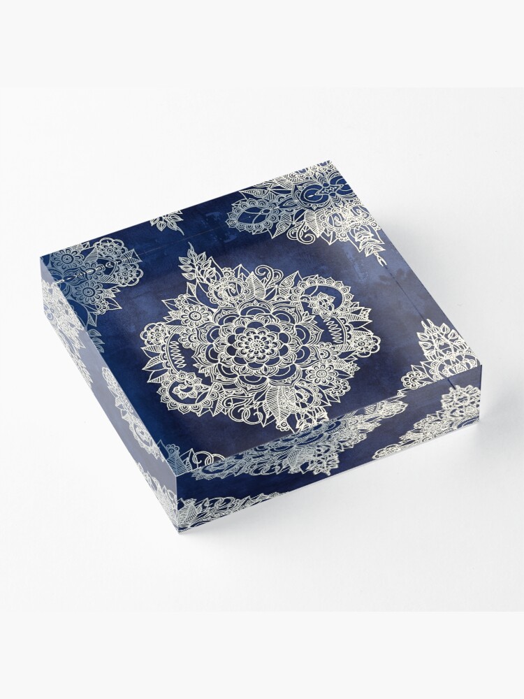Alternate view of Cream Floral Moroccan Pattern on Deep Indigo Ink Acrylic Block
