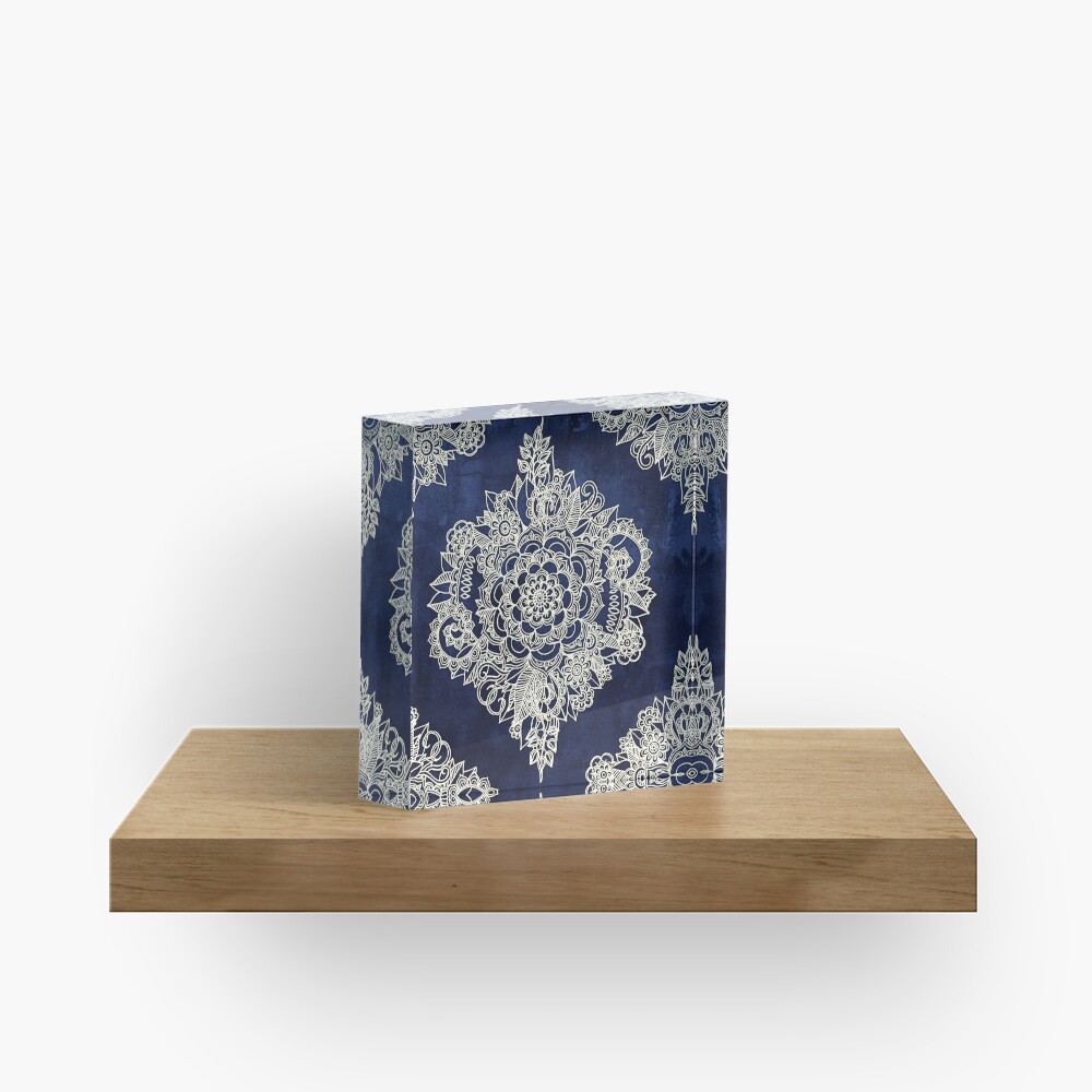 Cream Floral Moroccan Pattern on Deep Indigo Ink Acrylic Block