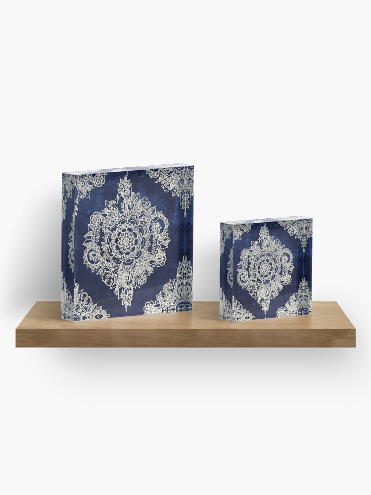 Alternate view of Cream Floral Moroccan Pattern on Deep Indigo Ink Acrylic Block
