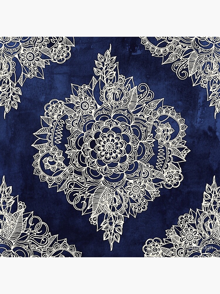 Cream Floral Moroccan Pattern on Deep Indigo Ink by micklyn