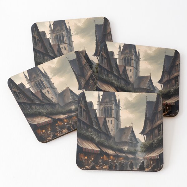 Item preview, Medieval Village Market Oil Painting Gothic Architecture designed and sold by PastCanvas.