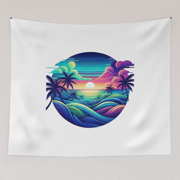 Item preview, Vibrant Tropical Sunset Amidst Surreal Colorful Waves and Palms designed and sold by freackly.
