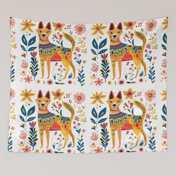 Item preview, Colorful abstract folk art illustration of a dog surrounded by vibrant flowers and intricate patterns. designed and sold by primtawan.