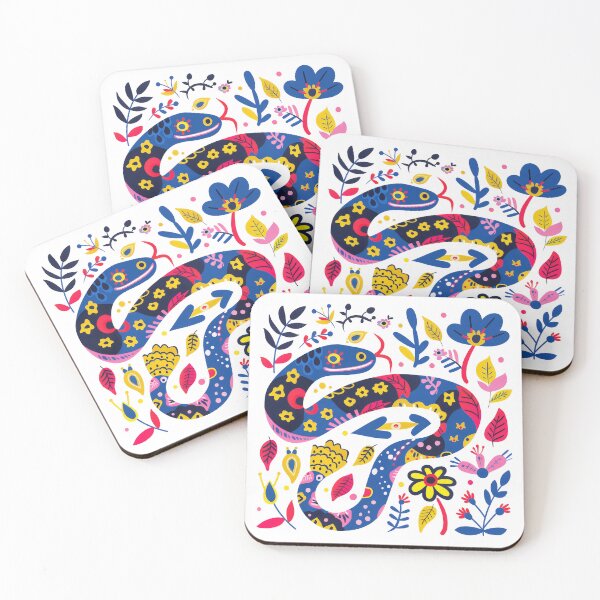 Item preview, Colorful folk art illustration of a snake surrounded by vibrant flowers and leaves in blue, yellow, pink, and green colors. designed and sold by primtawan.