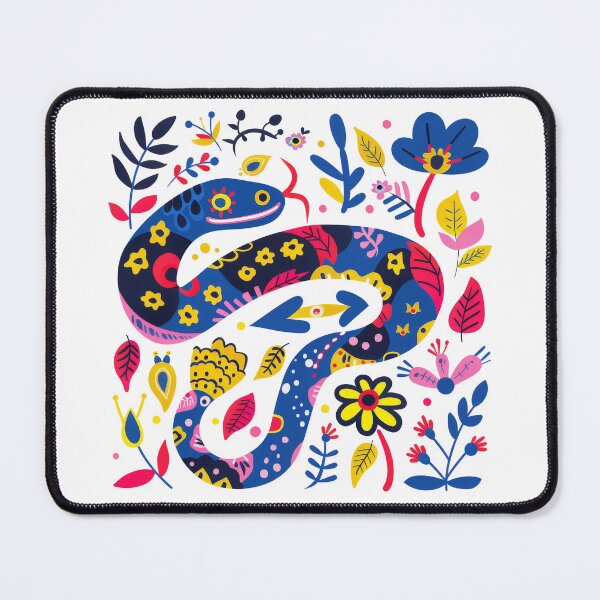 Item preview, Colorful folk art illustration of a snake surrounded by vibrant flowers and leaves in blue, yellow, pink, and green colors. designed and sold by primtawan.