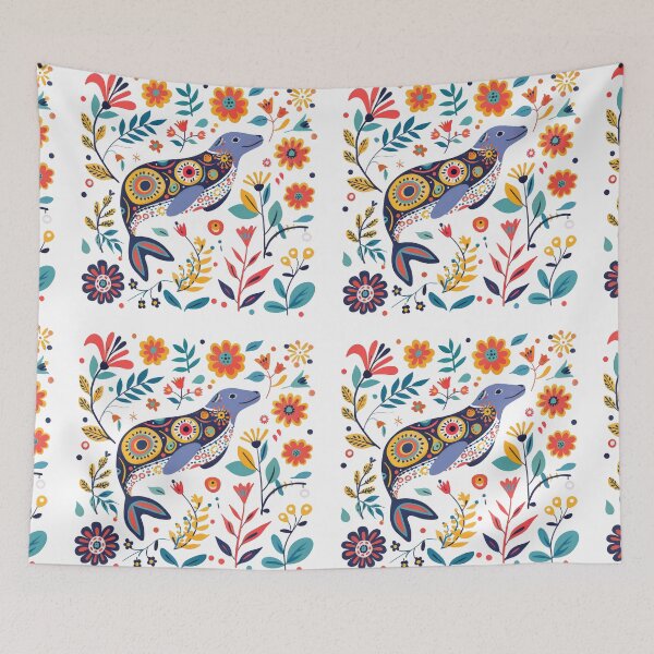 Item preview, Colorful intricately patterned dolphin surrounded by vibrant flowers and foliage in a whimsical, artistic illustration. designed and sold by primtawan.