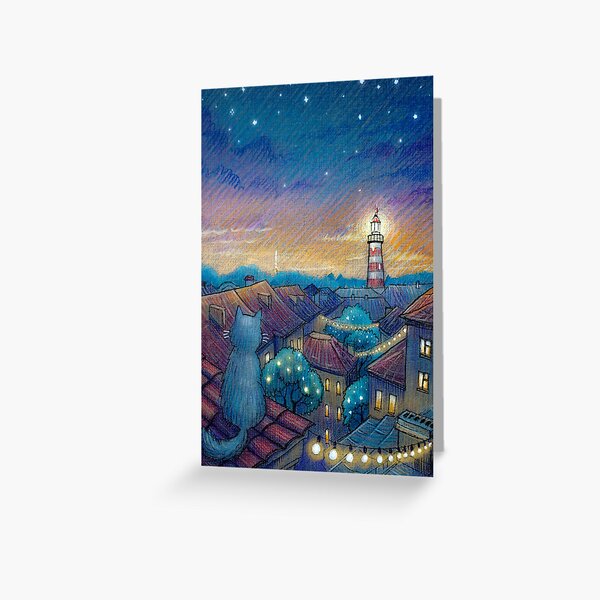 Roof cat and lighthouse Greeting Card