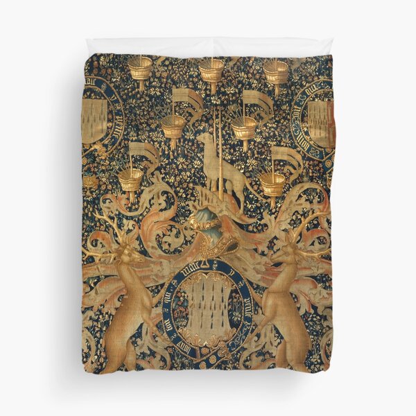 Gold Navy Blue Antique Heraldic Tapestry with Harts,Armorial Bearings Badges of John Duvet Cover
