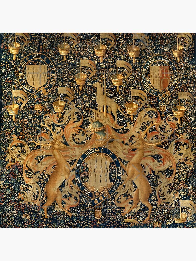 Gold Navy Blue Antique Heraldic Tapestry with Harts Armorial Bearings Badges of John Art Board Print