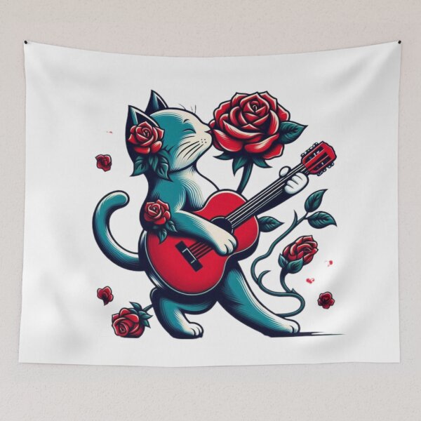 Item preview, Cats _ Cute Kitten Rock star guitarist loves roses Sketch Canvas designed and sold by ZulryLifestyles.