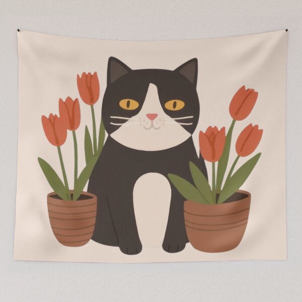 Item preview, Cute funny chubby kitty among pots of tulips. designed and sold by SaraSumi.