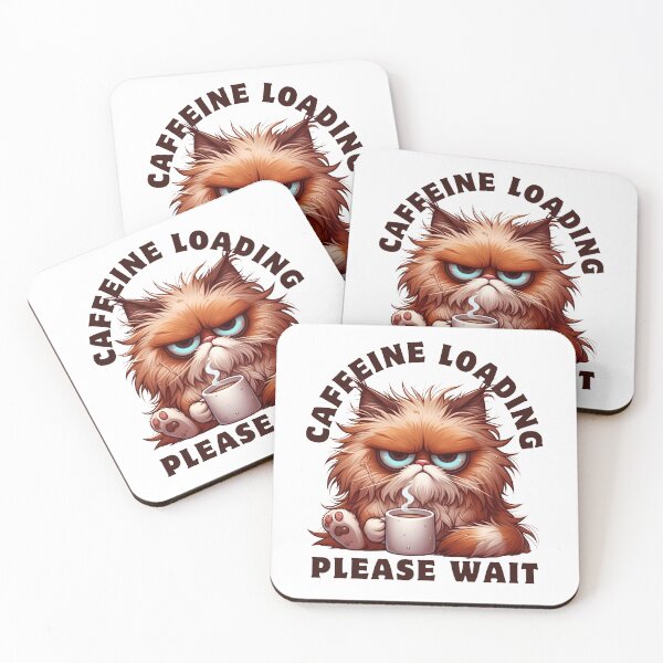 Item preview, Grumpy Cat Is Drinking Coffee Cartoon & "Caffeine Loading; Please Wait" Quote designed and sold by MusesWhispers.