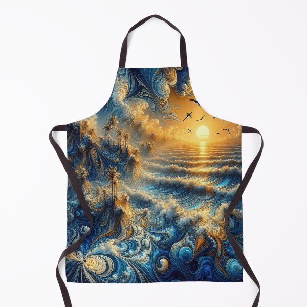 Item preview, “Ocean Fractals: Blue-Gold in Abstract Fluid Art with Sunset, Birds & Palm Trees designed and sold by FotoworldEdel.