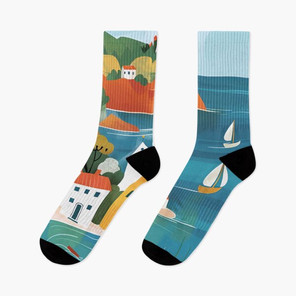 Item preview, Scandinavian island in summer with houses and boats designed and sold by NordicArtPrint.