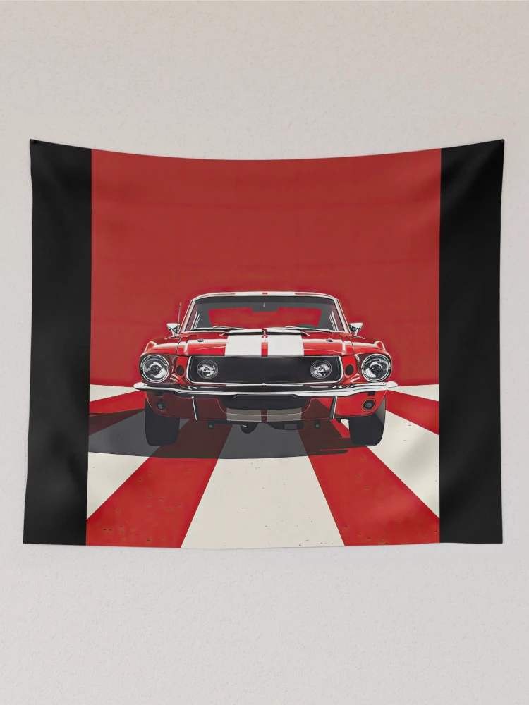 Aperçu 2 sur 3. Tentures avec l'œuvre Mustang Rouge sur des Rayures Blanches et Rouges créée et vendue par Jerhus.
