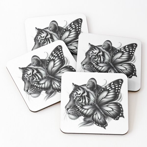 Item preview, tiger with butterfly black and white sketch tattoo designed and sold by Expressions-Sel.