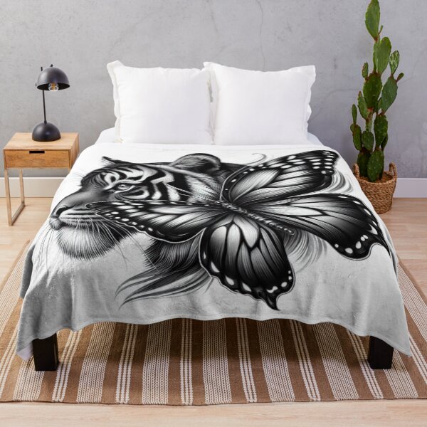 Item preview, tiger with butterfly black and white sketch tattoo designed and sold by Expressions-Sel.