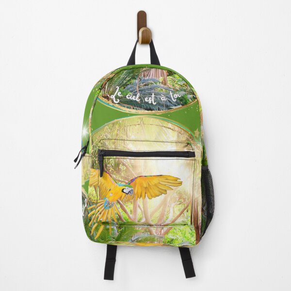 Item preview, Inspirational tropical bird art – vibrant flying macaw with French quote ‘The sky is yours’ designed and sold by GabiVitryArt.