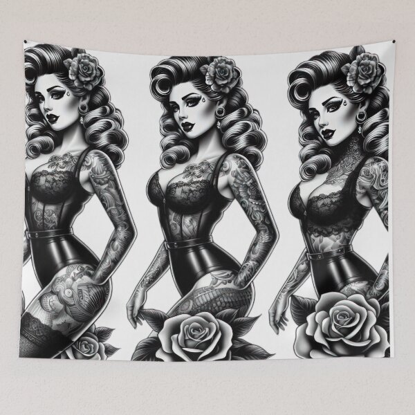 Item preview, triple portrait of retro woman black and white sketch tattoo designed and sold by Expressions-Sel.