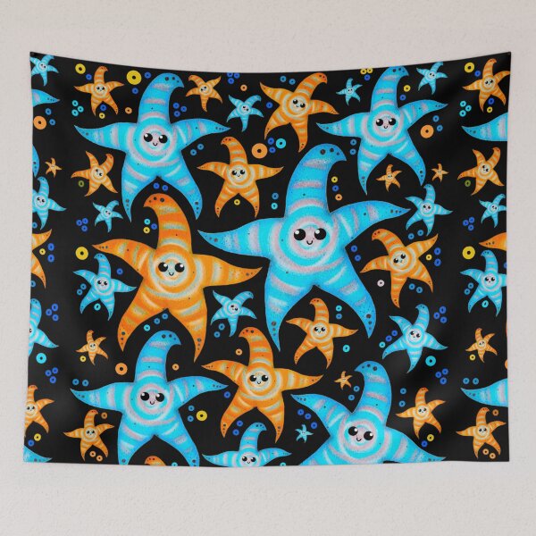 Item preview, cyan and orange spiral starfishes - black designed and sold by doveydotdraws.