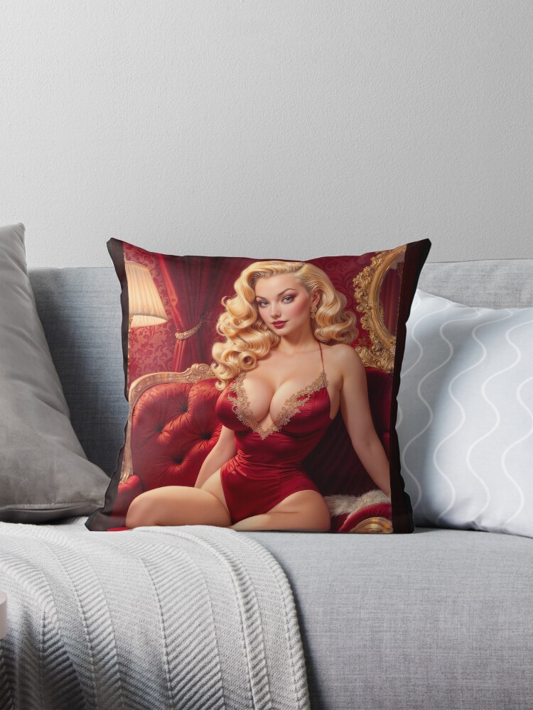An Elegant Blonde Bombshell Pin Up Girl Sitting On A Red Velvet Sofa Striking AI Concept Art by Xzendor7 Decorative Art Print Throw Pillow