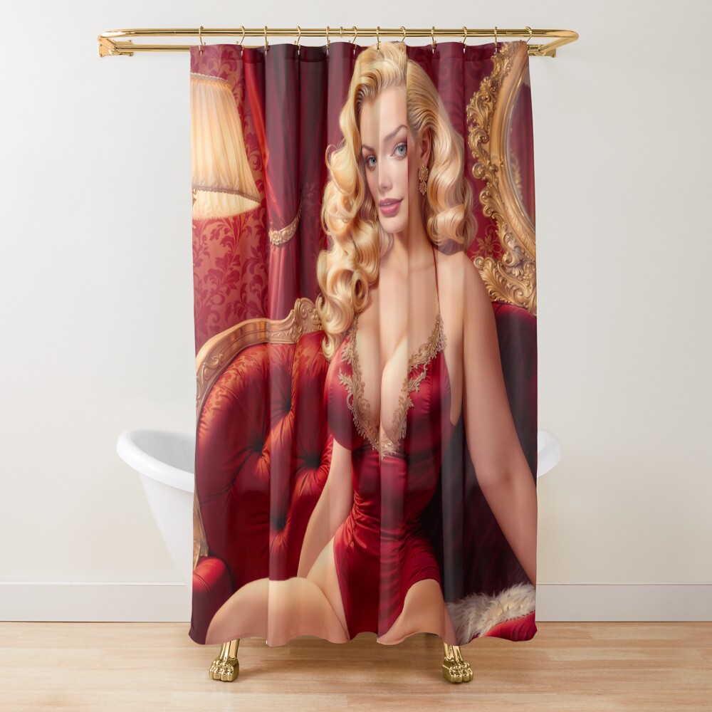 An Elegant Blonde Bombshell Pin Up Girl Sitting On A Red Velvet Sofa Striking AI Concept Art by Xzendor7 Decorative Art Print Shower Curtain