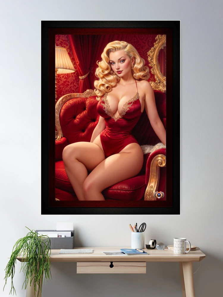 An Elegant Blonde Bombshell Pin Up Girl Sitting On A Red Velvet Sofa Striking AI Concept Art by Xzendor7 Wall Decor Poster Art Print
