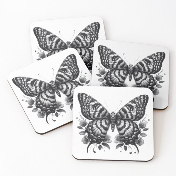 Item preview, butterfly with tiger print and flowers black and white sketch tattoo designed and sold by Expressions-Sel.