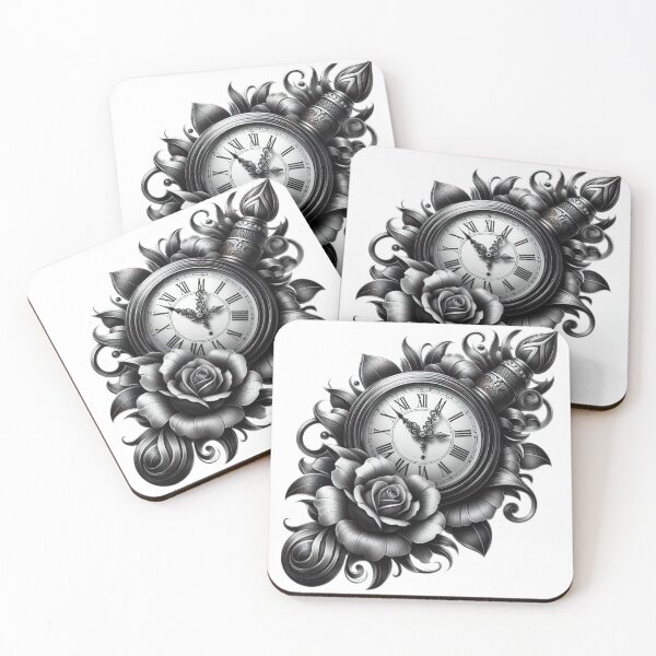 Item preview, pocket watch with rose black and white sketch tattoo designed and sold by Expressions-Sel.