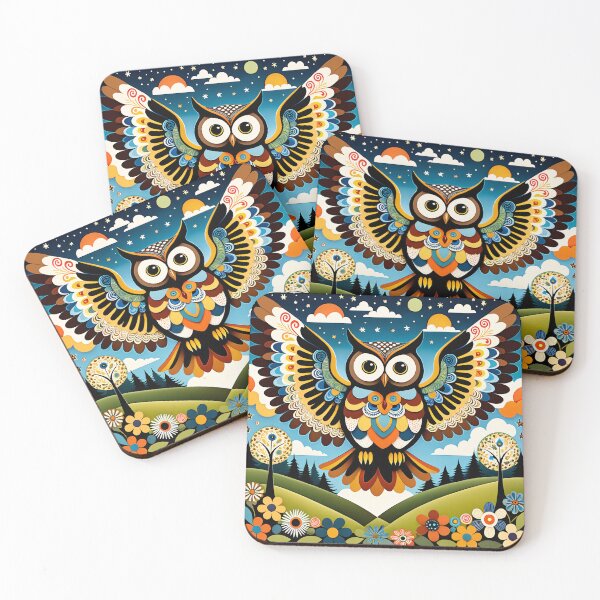 Item preview, Multicolored Owl at Sunset in the Enchanted Forest - Naive Art designed and sold by Second Draft Visuals.